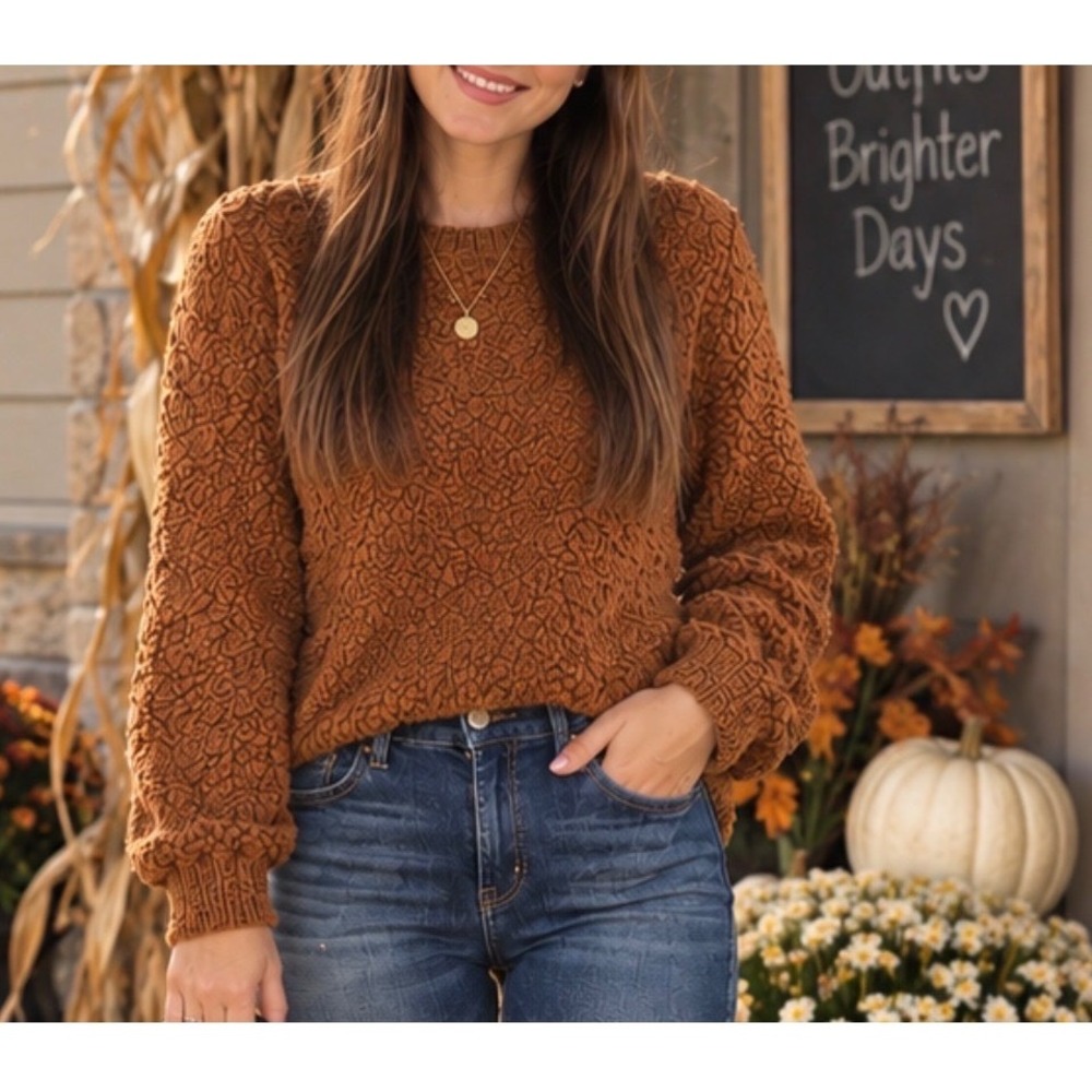 Zenana Popcorn Knit Sweater XL Rust Orange Crewneck Pullover TW-2735AB Boho Cozy